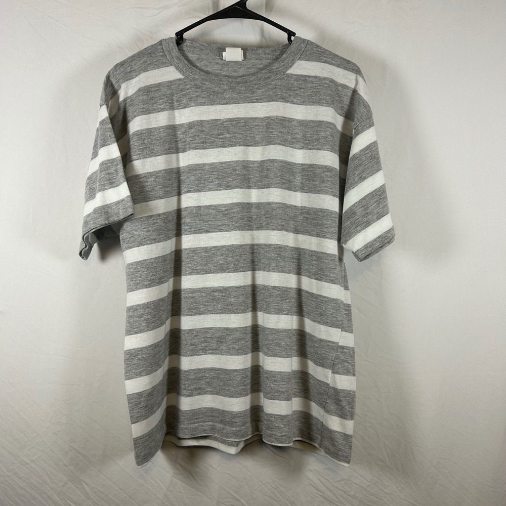 Vintage Favorites Striped T-Shirt Grey White Crewneck Short Sleeve Made in USA L